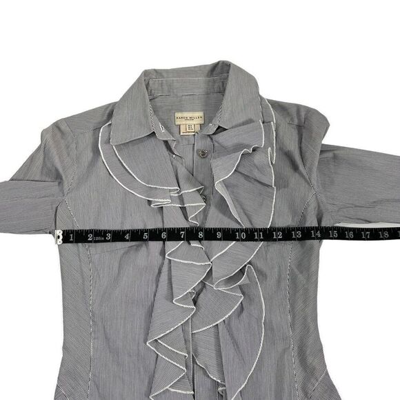 Karen Millen Navy Blue & White Stripe Ruffle Long Sleeve *Blouse Size 2 Small - Picture 10 of 12